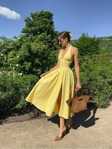 Women's New Elegant Casual Sexy Light Yellow Embroidered Deep V Halter Backless A-Line Midi Dress - Full Embroidery, Halter Tie Detail, Sleeveless, High Slit, Bust Ruffle Detail, Cinched Waist A-Line Silhouette, Backless, Deep V Neck Midi Dress - Yellow - View 1