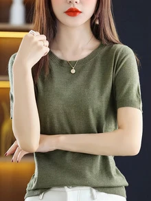 Soft Short Sleeve Women's Round Neck Solid Color Loose Fit Slimming Summer Casual Versatile Half Sleeve Knit Top T-Shirt - Army Green - View 1