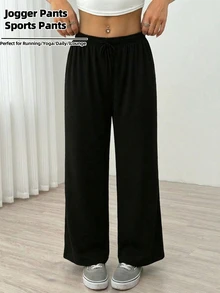 1件装女士休闲抽绳阔腿裤，女士宽松直筒抽绳运动裤，适合日常穿着、徒步旅行、远足、骑行 - 黑色 - 查看 1
