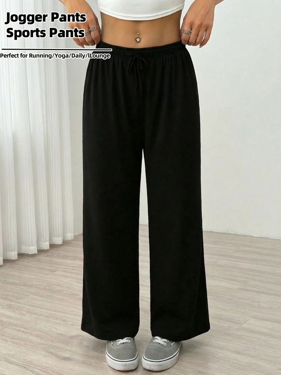 1件装女士休闲抽绳阔腿裤，女士宽松直筒抽绳运动裤，适合日常穿着、徒步旅行、远足、骑行 - 黑色 - 查看 1