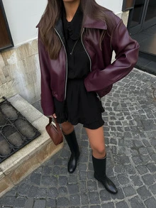 Women's Retro Lapel Long Sleeve Minimalist PU Leather Loose Jacket, Women's Fashion New Distressed Leather Jacket, Autumn Solid Color Zipper Long Sleeve Vintage PU Jacket