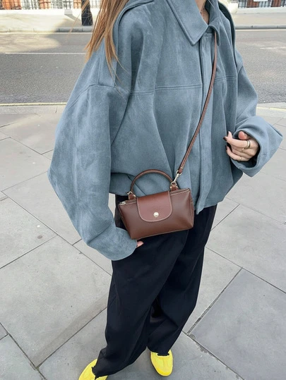 Women's Regular Faux Suede Long Sleeve Single-Breasted Loose Casual Jacket, Suitable For Spring Wear Women's Pocket Metal Button Short Military Green Jacket, Suitable For Spring And Autumn Wear