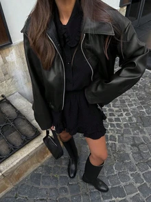 女士复古翻领长袖简约PU皮宽松夹克，女士时尚新款做旧皮夹克，秋季纯色拉链长袖复古PU夹克