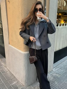 Women's Double-Breasted Wool Blend Turndown Collar Short Jacket, Minimalist Blazer For Autumn/Winter - Dark Grey - View 1