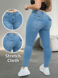 Plus Size Denim Skinny Jeans Long With Zipper Pocket Button Details High Stretch Comfort Fit Winter Casual Women Outfits Narrow Legged Cropped Pants