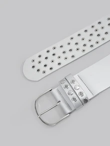 DareSee New Silver Rivet Hollow Out Wide Belt, Punk Rock Studded Waist Decor Belt For Halloween Party, Handmade Asymmetrical Metal Waist Belt Music Fest - Multicolor - View 5