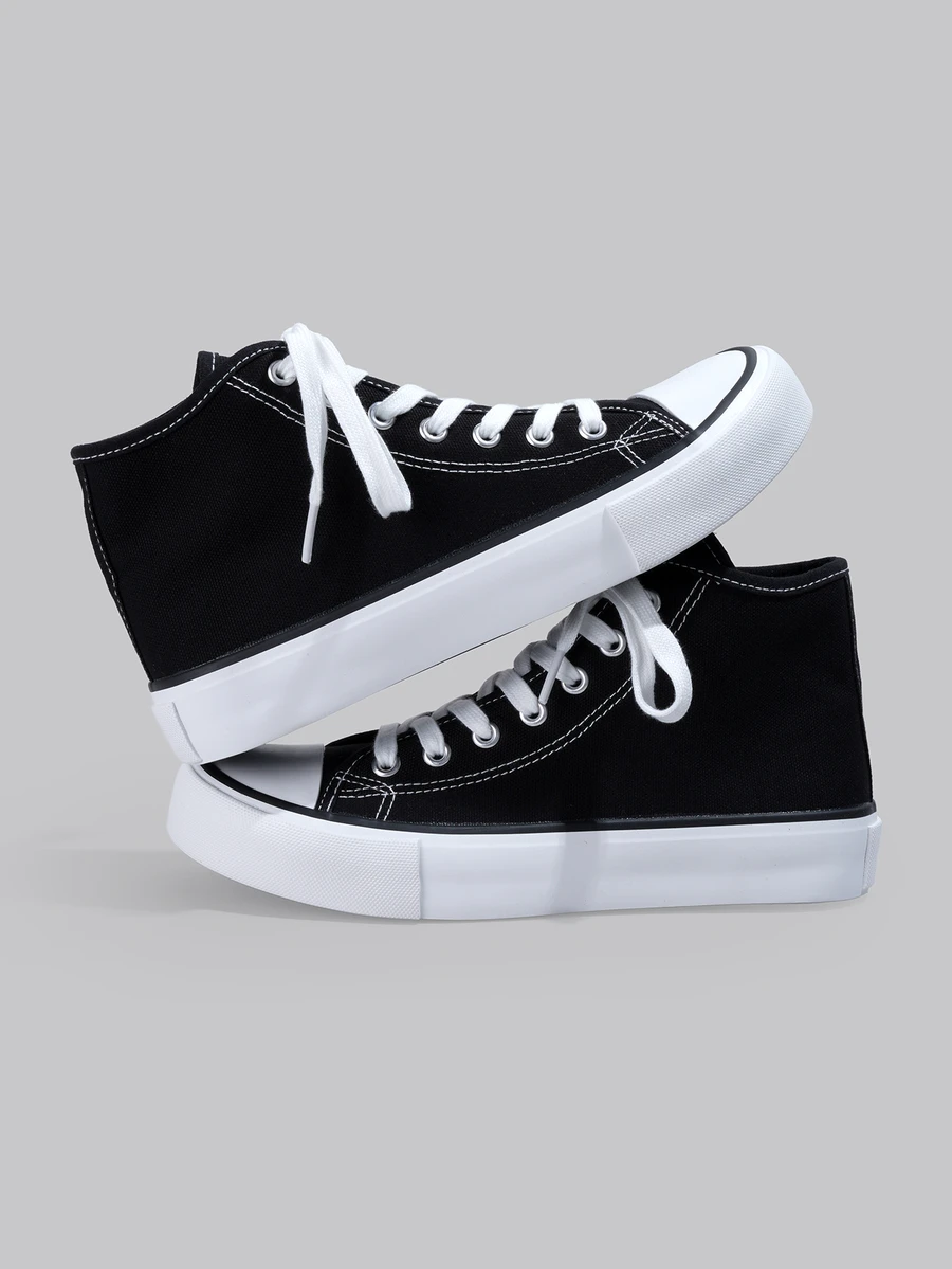 DareSee 男女通用简约时尚平底基本款黑白帆布高帮鞋，春秋季百搭女鞋 - 黑色 - 查看 1