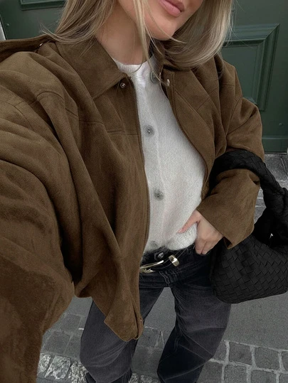 Women's Regular Faux Suede Long Sleeve Single-Breasted Loose Casual Jacket, Suitable For Spring Wear Women's Pocket Metal Button Short Military Green Jacket, Suitable For Spring And Autumn Wear