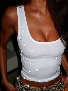Summer Street Solid Color Slim Fit Tops Sleeveless Square Neck Rhinestone Tank Top Casual For Women