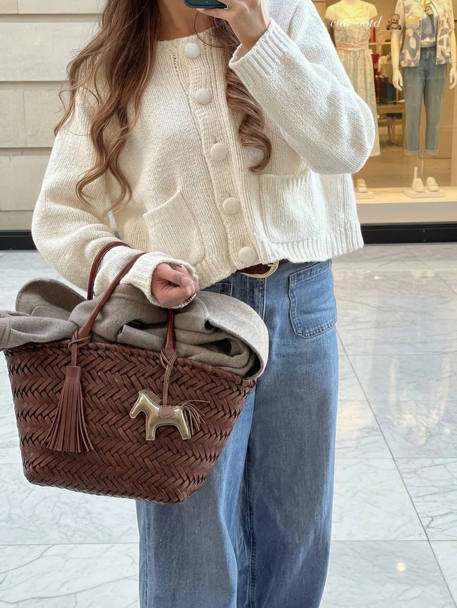 LUBI Women's Basic Minimalist Long Sleeve Round Neck Short Loose Fit Soft Knit Cardigan Sweater, Casual Relaxed Style For Daily Wear, Spring/Autumn/Winter - Apricot - View 1