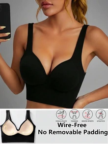 Sports Bra Camisole Solid Color Wireless Removable Padded High Elasticity Fitness Bra For Women, Suitable For Yoga And Running - Black - View 1