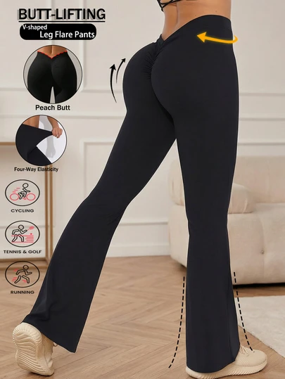 女士后V高腰瑜伽喇叭紧身裤，无缝高腰修身阔腿裤，健身运动塑形蜜桃臀运动裤，四向弹力亲肤休闲工作裤，提臀运动紧身裤，户外休闲健身服，秋冬女装，黑色春季款
