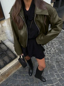 女士复古翻领长袖简约PU皮宽松夹克，女士时尚新款做旧皮夹克，秋季纯色拉链长袖复古PU夹克 - 墨綠色 - 查看 2