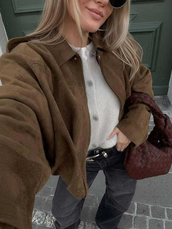 Women's Regular Suede Long Sleeve Single-Breasted Loose Casual Jacket, Suitable For Spring Wear Women's Pocket Metal Button Short Military Jacket, Suitable For Spring And Autumn Wear
