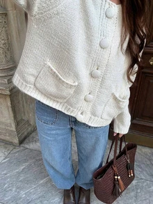 LUBI Women's Basic Minimalist Long Sleeve Round Neck Short Loose Fit Soft Knit Cardigan Sweater, Casual Relaxed Style For Daily Wear, Spring/Autumn/Winter - Apricot - View 2