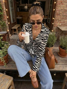 Buzzelle 女士休闲时尚黑白斑马纹长袖衬衫上衣，春夏度假装 - 黑 - 查看 2