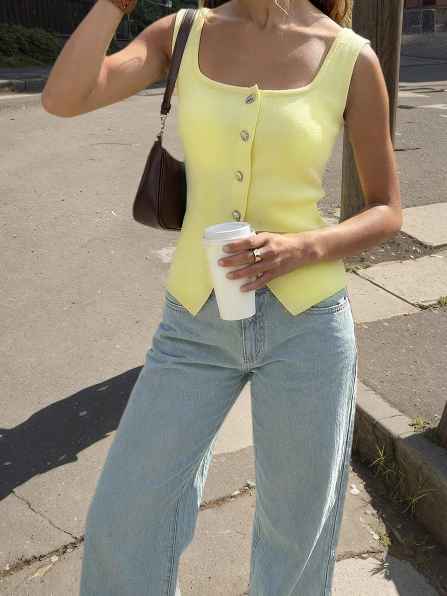 SEREN Summer New Cream Yellow Sleeveless Knit Cardigan, Women's Slim Fit Button Up Casual Street Style Lightweight Vest - Yellow - View 1