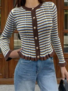 SEREN Women's New Versatile Casual Street Style Contrast Color Stripe Cardigan - Multicolor - View 3