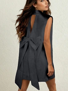 黑色露背蝴蝶结连衣裙，女士无袖时尚黑色西装裙，镂空甜美风格，适合所有季节春季穿着 - 深灰色 - 查看 1