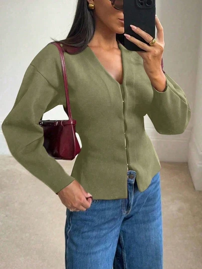 Women's Simple Solid Color Fitted Knit Jacket, Custom Hem