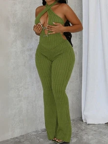 夏季街头纯色修身连体裤无袖吊带绷带露背运动服女式休闲 - 綠色 - 查看 1