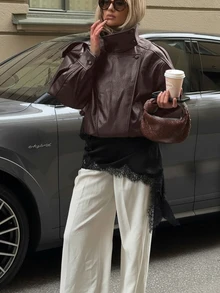 New Vintage Bomber Leather Jacket, Solid Color Casual Zipper Pocket Jacket, Regular Fit - Brown - View 2