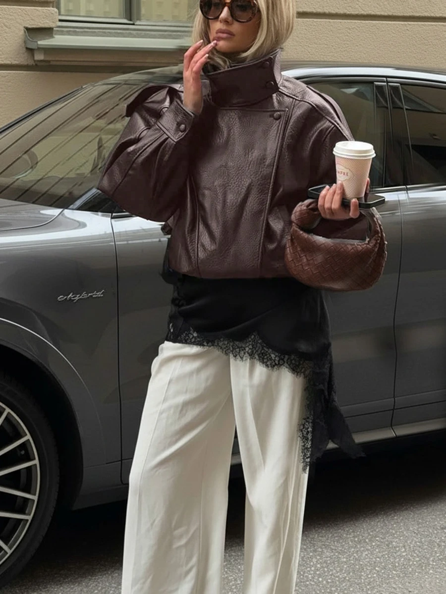 New Vintage Bomber Leather Jacket, Solid Color Casual Zipper Pocket Jacket, Regular Fit