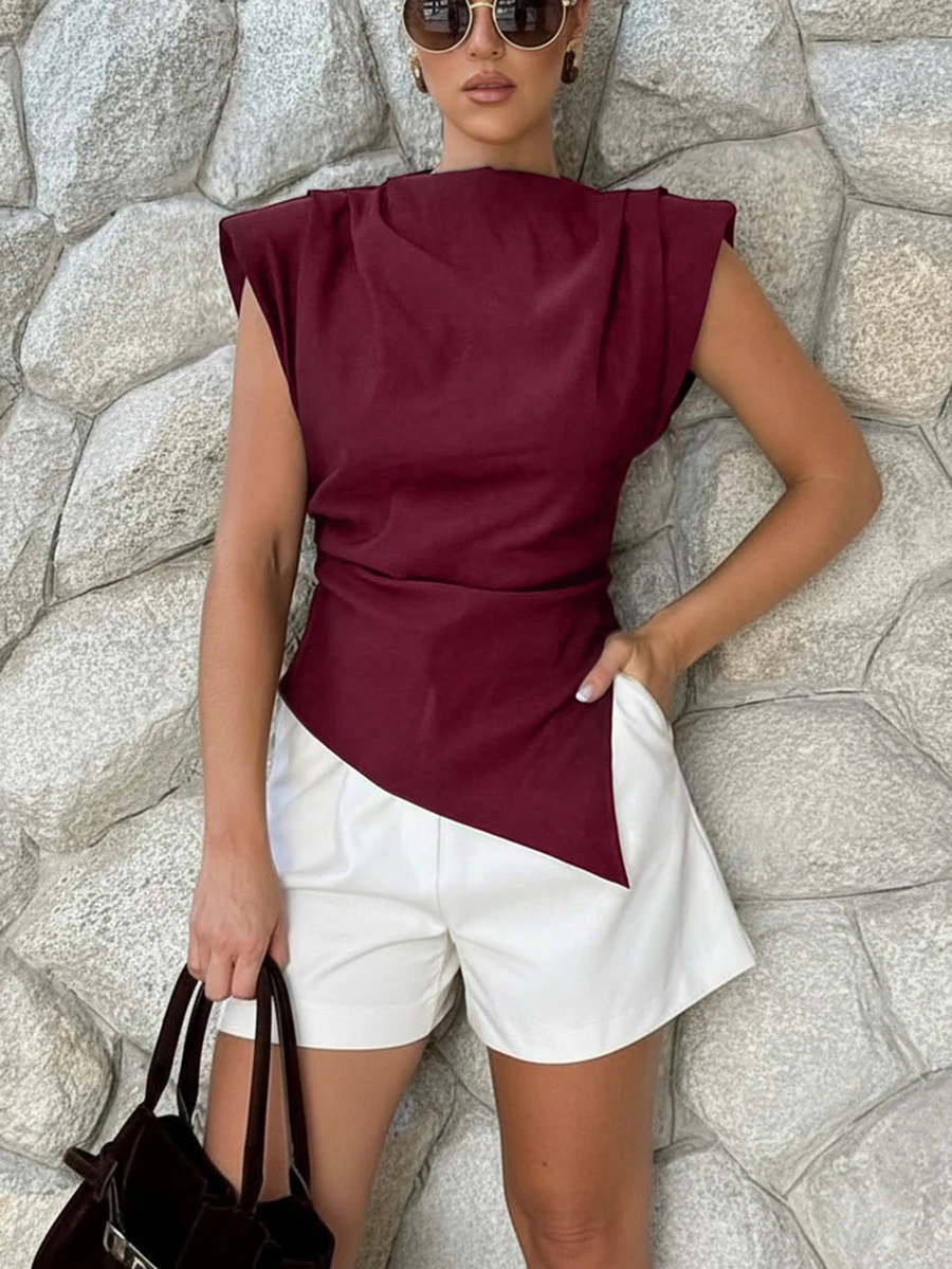 Women's Elegant Solid Color Padded Shoulder Sleeveless Vest, Casual Office Pleated Asymmetric Zip Up Fitted Top Summer - Wine Red - View 1