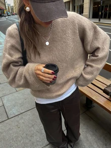 SEREN Herbst und Winter Neuer Stil einfarbiger Rundhals Loose Fit Rippenpullover für Frauen, gestrickter Pullover, lässiger Pendler-Oberteil