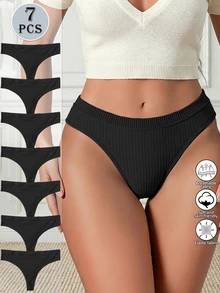 7件套无缝低腰内裤性感罗纹内裤女士舒适透气瑜伽运动三角裤丁字裤 - 黑色 - 查看 1
