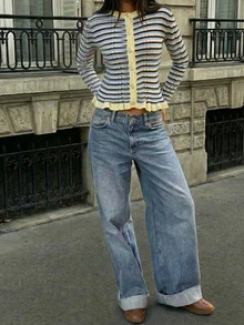 Áo khoác cardigan dệt kim tay dài cổ tròn cài nút SEREN mùa xuân mới, kẻ sọc tương phản, thanh lịch, dáng ôm, màu đen, viền bèo nhún, thích hợp cho các buổi đi chơi, phong cách đường phố cổ điển. Trang phục mùa xuân, mặc được cả bốn mùa, áo khoác cardigan nữ, trang phục thường ngày, phong cách BohoEase. - Vàng nhạt - Xem 3