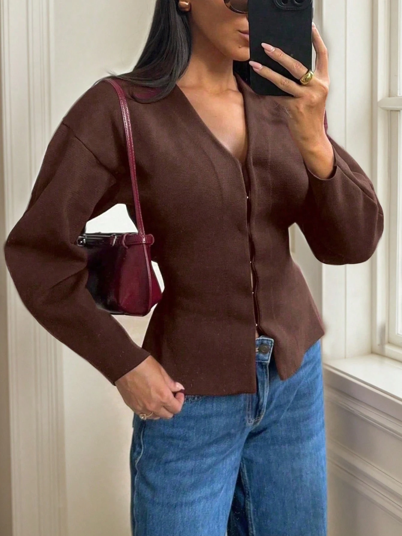 Women's Simple Solid Color Fitted Knit Jacket, Custom Hem Elegant - Coffee Brown - View 1