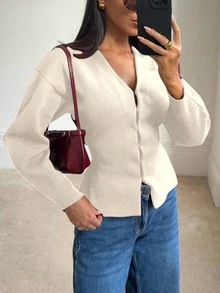 Women's Simple Solid Color Fitted Knit Jacket, Custom Hem - Apricot - View 2