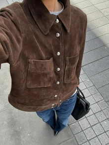 Chaqueta casual suelta de manga larga de ante sintético para mujer, de unicolor, de otoño/invierno, con solapa y bolsillo