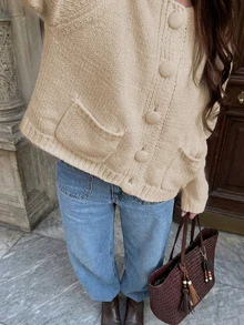 LUBI Women's Spring Autumn Winter Minimalist Button Long Sleeve Short Loose Solid Color Knit Cardigan, Soft Casual Sweater For Daily Commute - Khaki - View 2