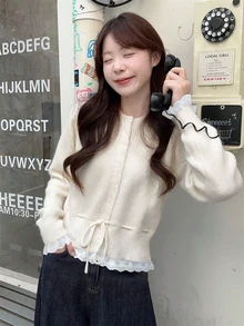 Women's Lace Patchwork Drawstring Knitted Cardigan, Sweet Style, Round Neck, Long Sleeve, Suitable For Halloween, New Year, Christmas, Autumn/Winter