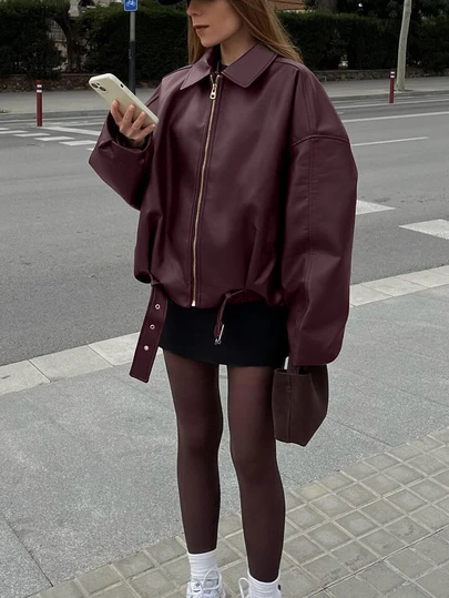 新款复古飞行员皮夹克，纯色休闲拉链口袋夹克，皮夹克，常规版型，女士冬季夹克