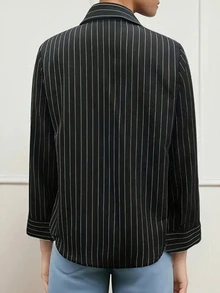 女士春夏前扣领长袖休闲宽松条纹衬衫 - 黑色 - 查看 5