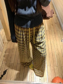 Women's Casual Plaid Pocket Button Loose Fit Pants, Autumn/Winter - Yellow - View 2