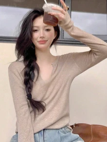 Women V-Neck Long Sleeve Slim Fit Knit Sweater For Fall/Winter, Simple Casual,Suitable For Daily, Commuting, Long Sleeve Tops - Milk Tea Color - View 2