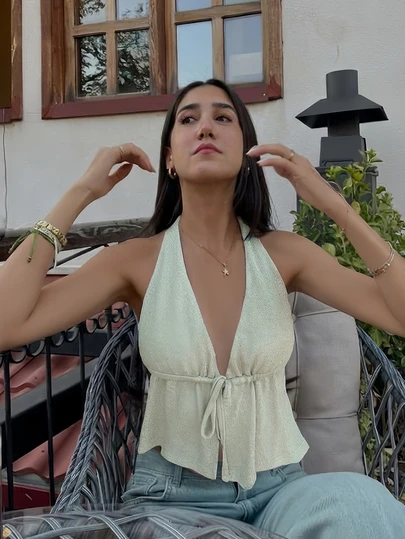 女士度假系带修身休闲针织背心毛衣夏季