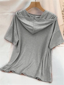 2pcs Plus Size Women Casual Set, Solid Color Knitted Fabric With Drawstring Tie, V-Neck Top With Ribbed Hem, Paired With Stretchy Shorts, Suitable For Spring, Summer, Autumn Seasons, Fit For Sporty, Leisure, And Daily Wear - Grey - View 2