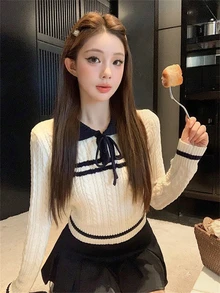 圣诞新年时尚彼得潘领拼色扭结蝴蝶结针织女毛衣，休闲套头衫，适合外出、约会、派对、校园、秋冬 - 杏色 - 查看 2
