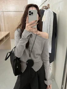 性感简约灰色不对称肩部纽扣下摆女毛衣，适合约会、郊游、通勤、圣诞节、新年、秋冬 - 灰色 - 查看 2
