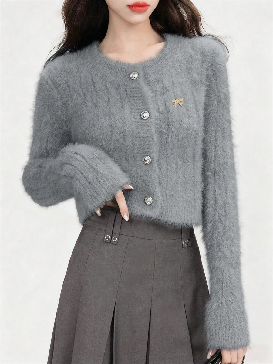 女士时尚短款保暖蝴蝶结多功能圆领长袖毛衣开衫针织外套秋冬街头潮流 - 灰色 - 查看 1