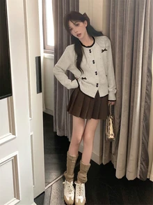 女士蝴蝶结长袖针织开衫，宽松撞色针织衫，甜美风格，秋冬款