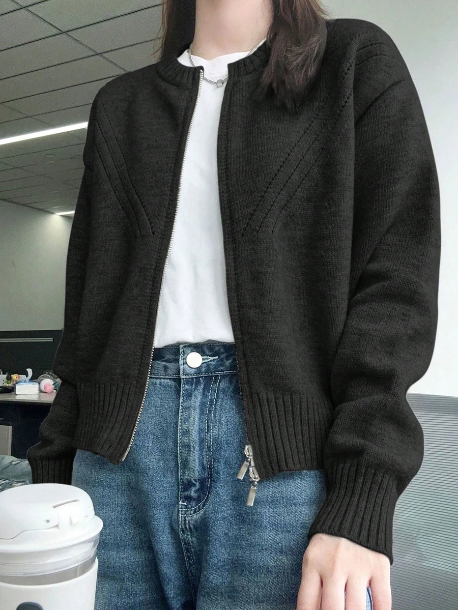 Casual Slim Fit Round Neck Double Zipper Women Knitted Cardigan Short Jacket, Autumn/Winter