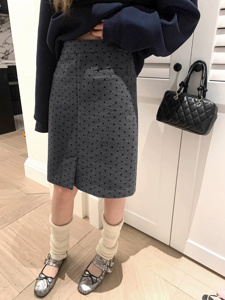 直筒修身波尔卡圆点裙，女式开叉下摆修身羊毛裙 - 灰色 - 查看 1