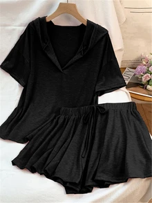 2pcs Plus Size Women Casual Solid Color Drawstring V-Neck Knitted Shorts Set, Short Sleeve Hooded Sweatshirt Top With Ribbed Hem, Paired With Elastic Shorts, Suitable For Elegant Leisure, Sports & Daily Wear In Spring/Summer/Autumn