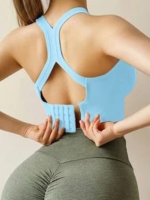 Yoga Sports Bra Wireless Gym Tops Underwear Cross Top Sports Tank Push Up Bras Hockproof Running Lingerie - Baby Blue - View 2